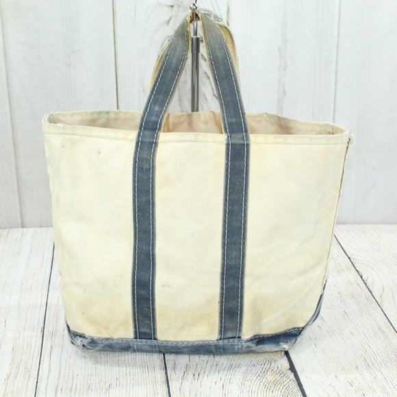 Vintage LL BEAN Boat & Tote Cream Canvas Blue Trim Tote Handbag - Picture 5 of 11